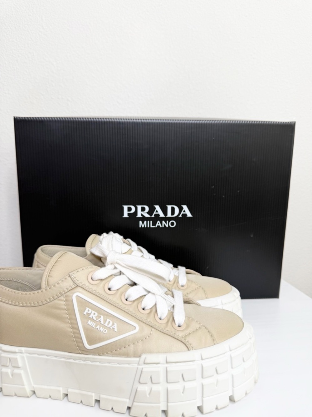Prada Double Wheel Nylon Sneakers Gabardine Sneakers In Desert Beige Size 37.5 - Picture 10 of 12